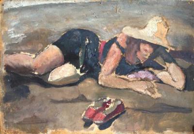 Figura femminile sulla spiaggia (con le pantofole rosse)